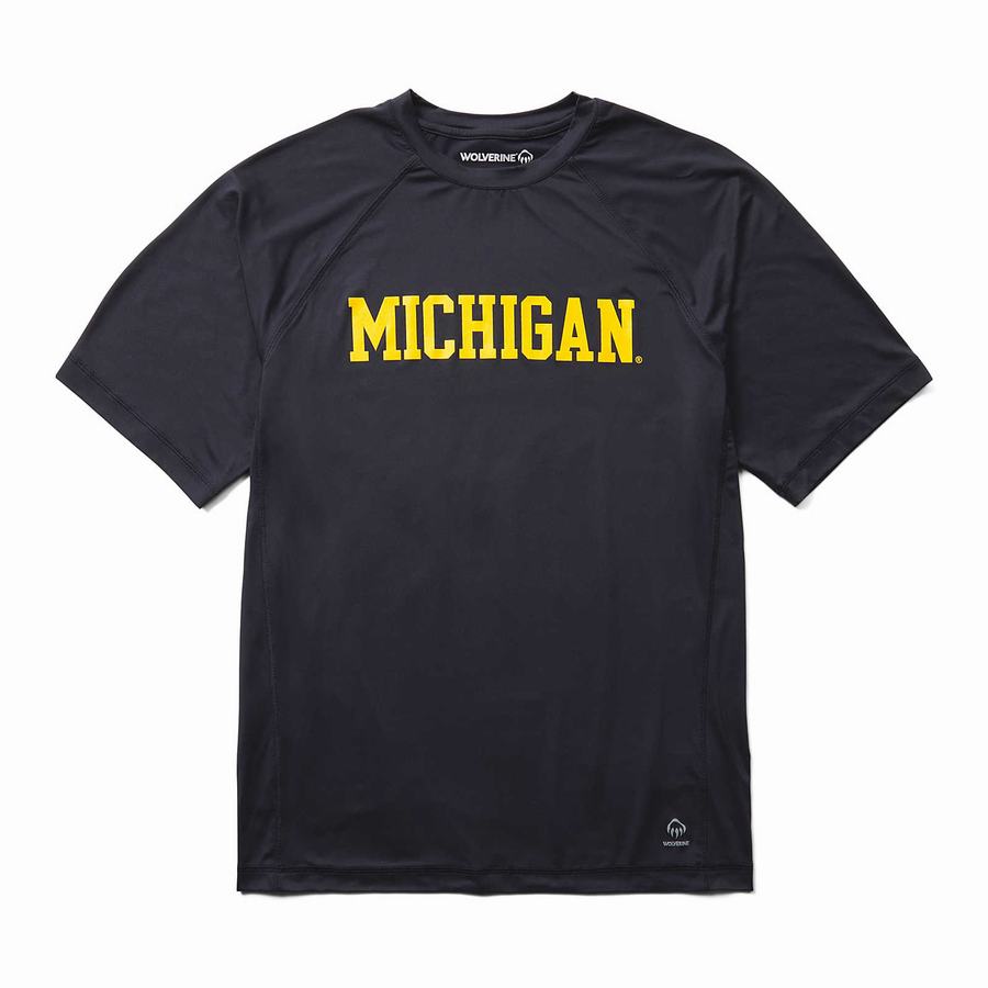 Wolverine x Valiant University of Michigan Sun-Stop Eco Short Sleeve Tee T-shirts Heren Donkerblauw | TXJ9516JG